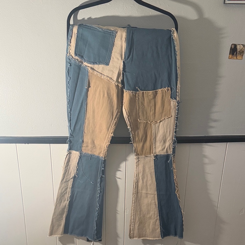 Patchwork Flare Pants in Blue and Tan